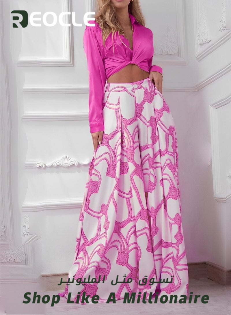 REOCLE Women's 2 Piece Sets Summer Going Out Deep V-Neck Plus Size Loose Fit Cropped Tops and Wide Leg Palazzo Pants - Image 4