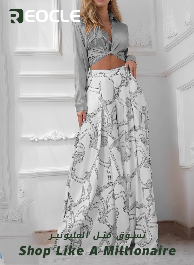 REOCLE Women's 2 Piece Sets Summer Going Out Deep V-Neck Plus Size Loose Fit Cropped Tops and Wide Leg Palazzo Pants - Image 3