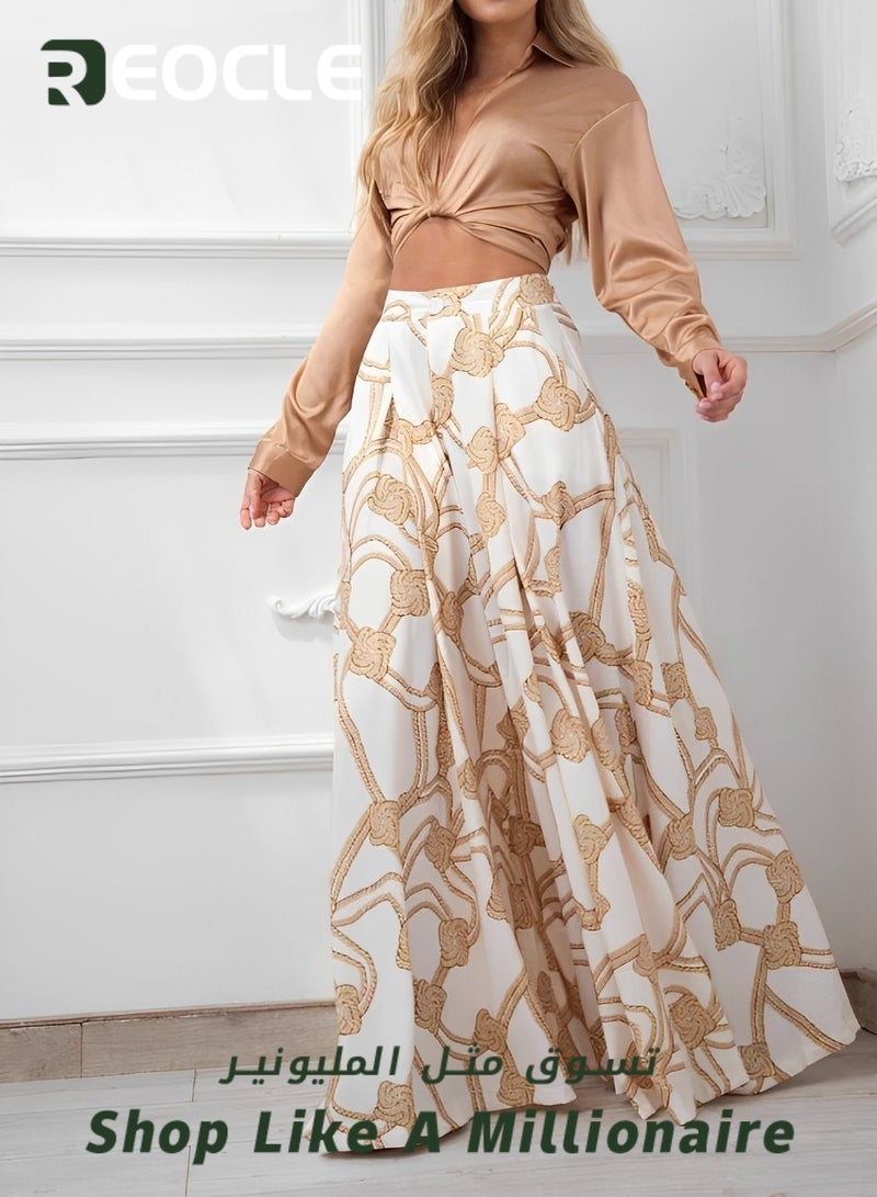 REOCLE Women's 2 Piece Sets Summer Going Out Deep V-Neck Plus Size Loose Fit Cropped Tops and Wide Leg Palazzo Pants - Image 2