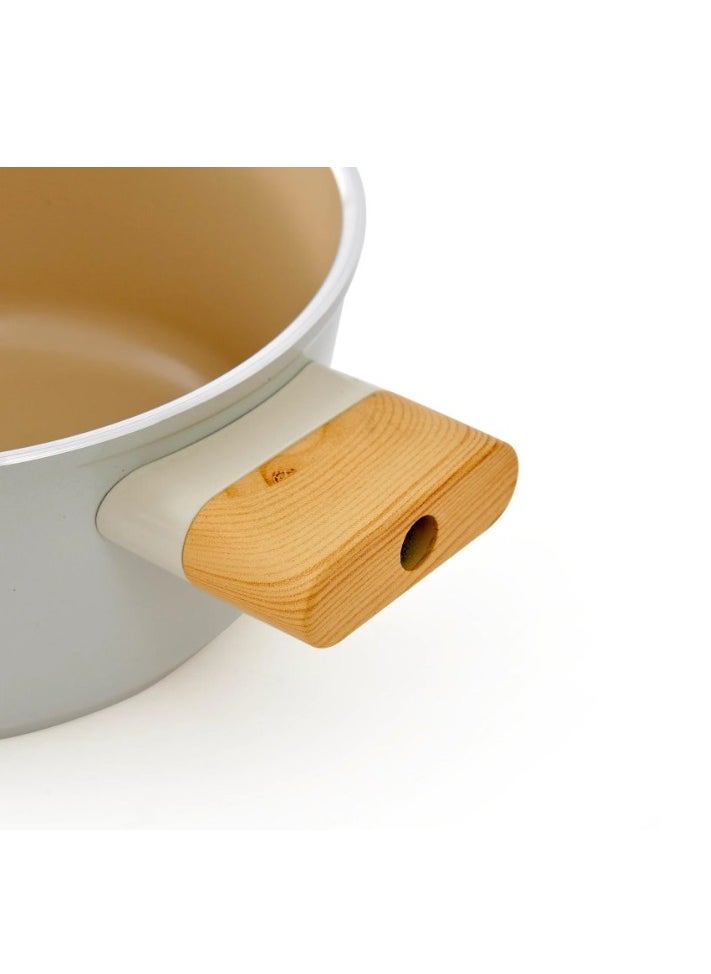 Homemaker Swiss Crystal High Quality Ceramic Coating Non-Stick Casserole - 24cm- Glass Lid With Protective Silicon Edge - Natural Wood Handles and Knob - Beige  - Image 3