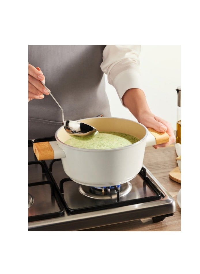 Homemaker Swiss Crystal High Quality Ceramic Coating Non-Stick Casserole - 24cm- Glass Lid With Protective Silicon Edge - Natural Wood Handles and Knob - Beige  - Image 4