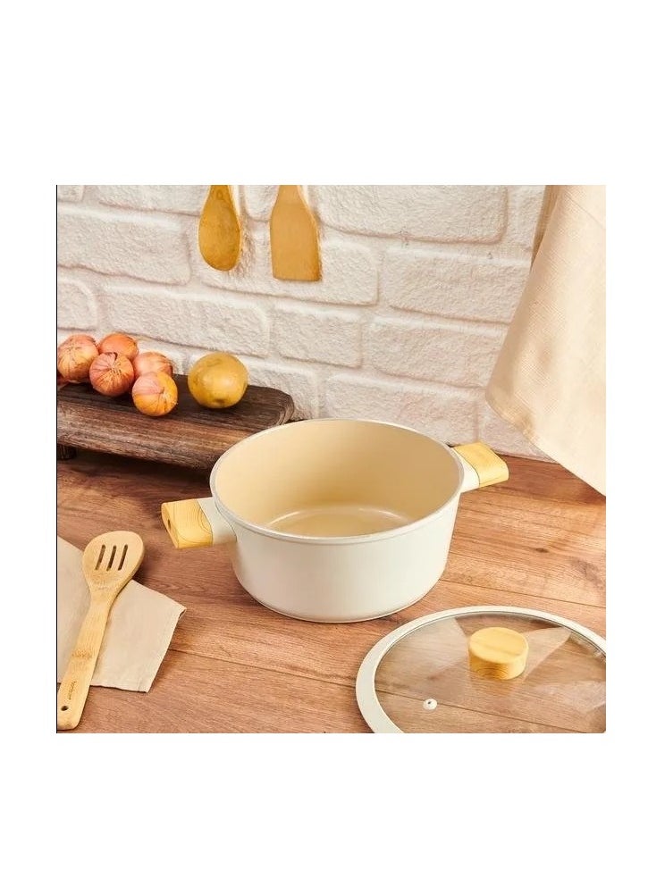 Homemaker Swiss Crystal High Quality Ceramic Coating Non-Stick Casserole - 24cm- Glass Lid With Protective Silicon Edge - Natural Wood Handles and Knob - Beige  - Image 2