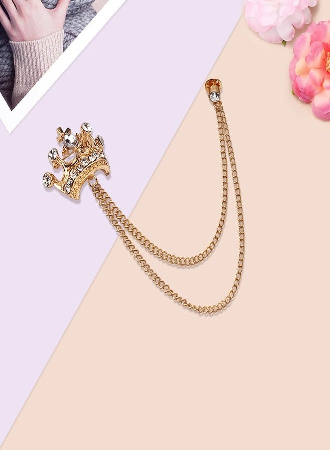 Shuxy Men's Brooch Crown Hanging Chain Black White Blue Stone Detailing with Engraving Metal Crystal Rhinestone Breastpin Wedding Brooch Pin, Gold - Image 3