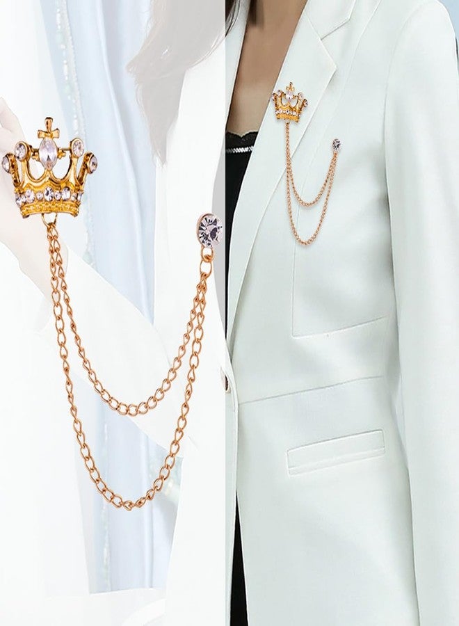 Shuxy Men's Brooch Crown Hanging Chain Black White Blue Stone Detailing with Engraving Metal Crystal Rhinestone Breastpin Wedding Brooch Pin, Gold - Image 4