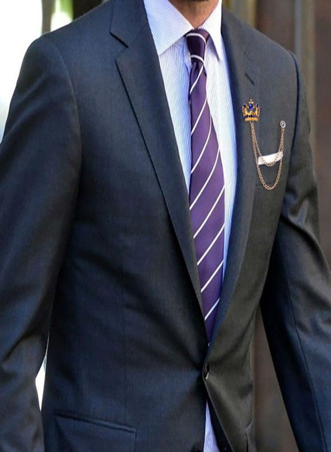 Shuxy Men's Brooch Crown Hanging Chain Black White Blue Stone Detailing with Engraving Metal Crystal Rhinestone Breastpin Wedding Brooch Pin, Gold - Image 5