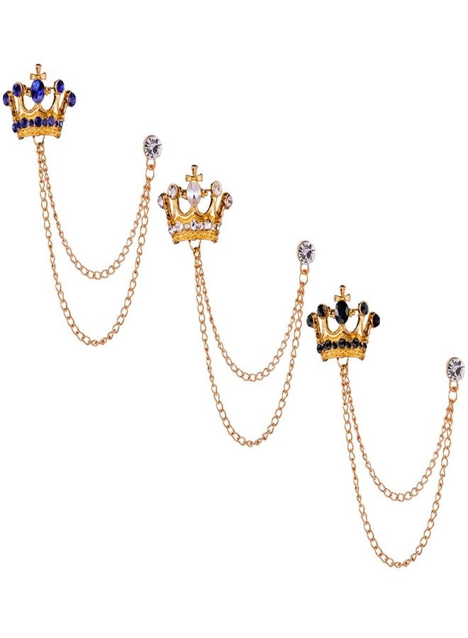 Shuxy Men's Brooch Crown Hanging Chain Black White Blue Stone Detailing with Engraving Metal Crystal Rhinestone Breastpin Wedding Brooch Pin, Gold - Image 1