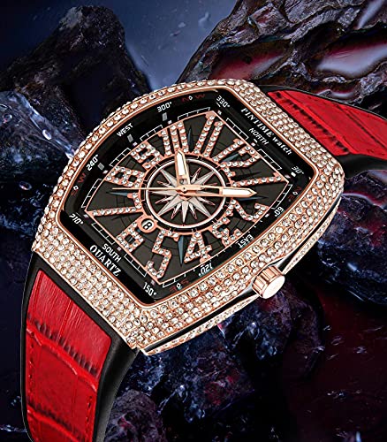 Fanmis Mens Skull Big Face Watches Rectangle Punk Diamond Dial Leather Strap Calendar Quartz Sports Wrist Watch (Rose Red) - Image 2