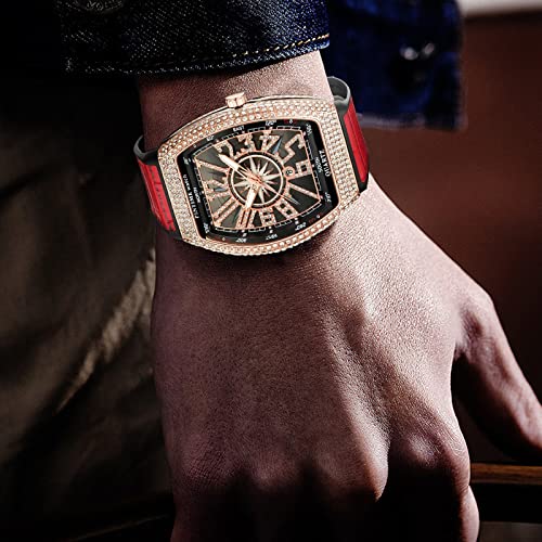 Fanmis Mens Skull Big Face Watches Rectangle Punk Diamond Dial Leather Strap Calendar Quartz Sports Wrist Watch (Rose Red) - Image 4