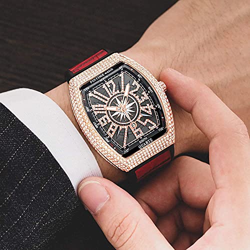 Fanmis Mens Skull Big Face Watches Rectangle Punk Diamond Dial Leather Strap Calendar Quartz Sports Wrist Watch (Rose Red) - Image 5