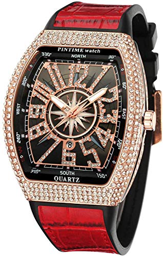 Fanmis Mens Skull Big Face Watches Rectangle Punk Diamond Dial Leather Strap Calendar Quartz Sports Wrist Watch (Rose Red) - Image 1