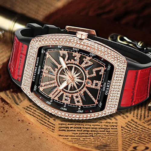 Fanmis Mens Skull Big Face Watches Rectangle Punk Diamond Dial Leather Strap Calendar Quartz Sports Wrist Watch (Rose Red) - Image 3