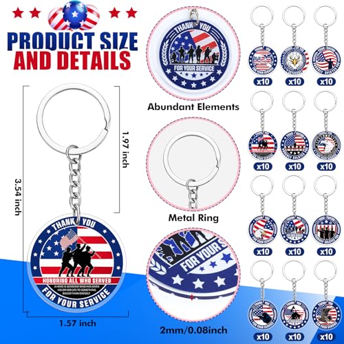Sureio 120 Pcs Patriotic 4th of July Keychain Bulk Thank You for Your Service 250th Veterans Independence Day USA Gifts Classic - Image 3