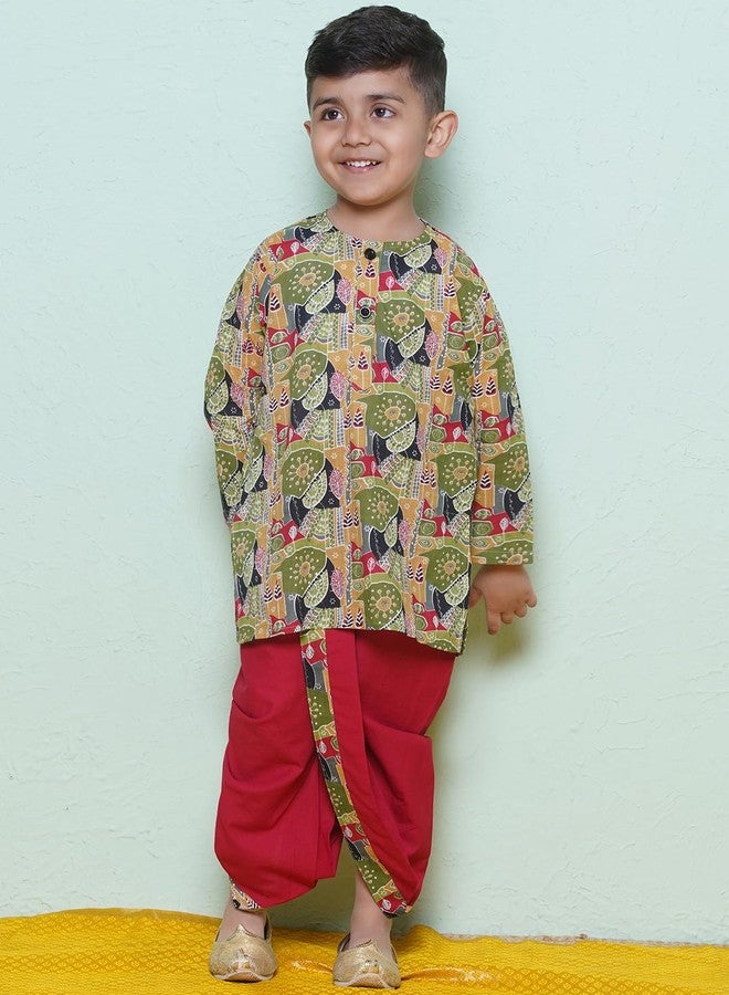 AJ DEZINES Kids Cotton Full Sleeve Abstract Printed Red Dhoti Kurta Set for Boys - Ethnic Wear | Traditional | Festival Wear for boys - Regular Fit - Image 2