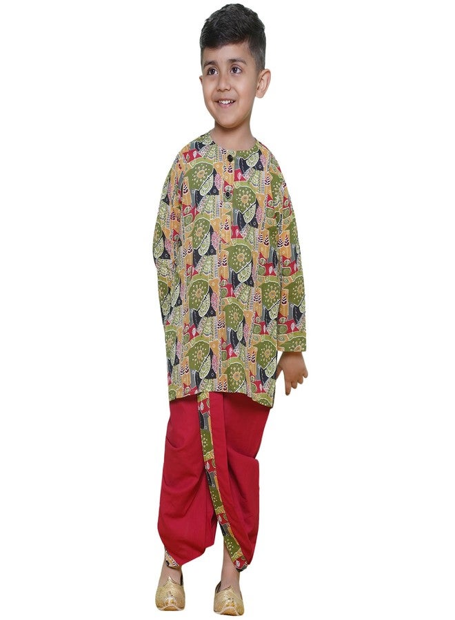 AJ DEZINES Kids Cotton Full Sleeve Abstract Printed Red Dhoti Kurta Set for Boys - Ethnic Wear | Traditional | Festival Wear for boys - Regular Fit - Image 1