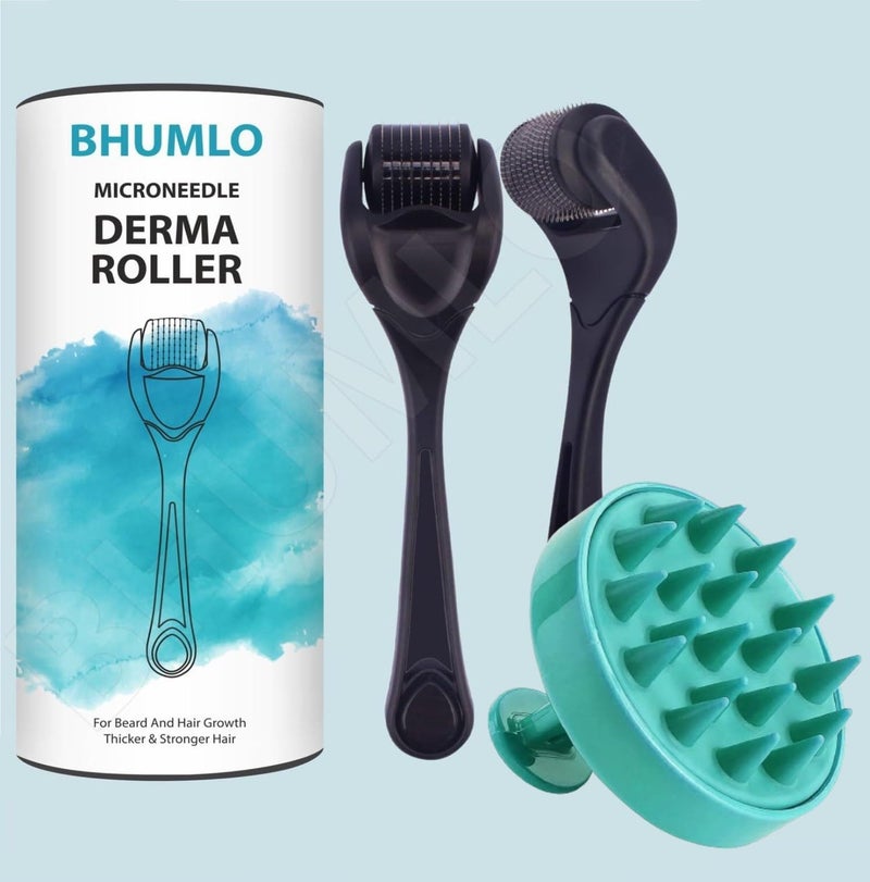BHUMLO Derma Roller For Beard Hair Skin Face 540 Titanium.25Mm - Self Care Gifts Facial Skin Care Tools, Hair Scalp Massager Shampoo Brush With Soft Silicone Bristles Comb Scrubber - Image 1