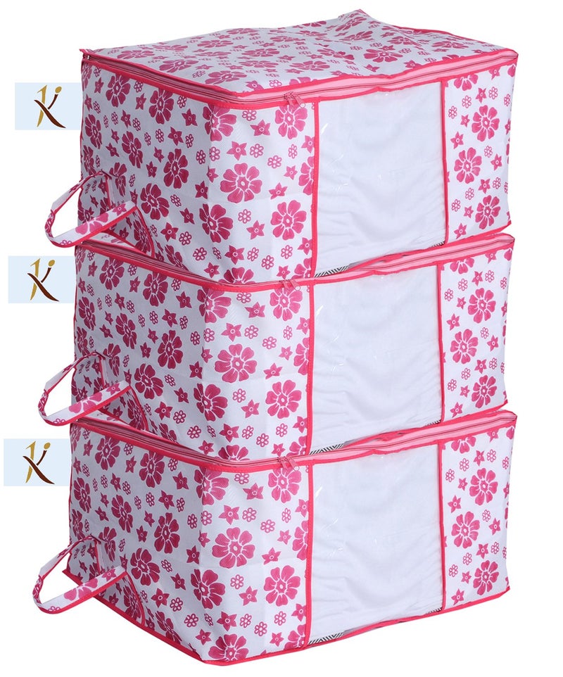 Kuber Industries 3 Piece Non Woven Under Bed Storage Organiser Set Pink Standard UNDERPinkf02 - Image 1