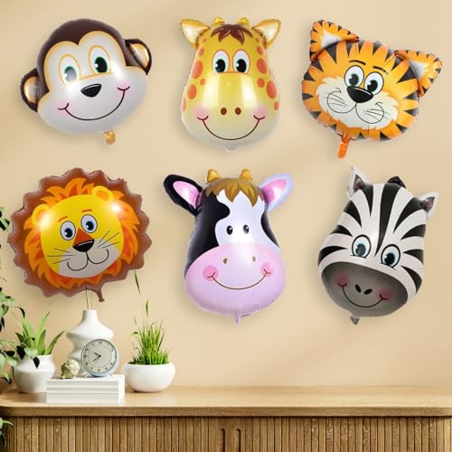 KITTER(Pack of 6)Jungle Theme Balloons Set,Jungle Theme Foil Balloons For Decoration,Animal Theme Foil Balloon Animal Face Foil Balloon for Birthday,Animals Theme Birthday Decorations,Multicolor - Image 1