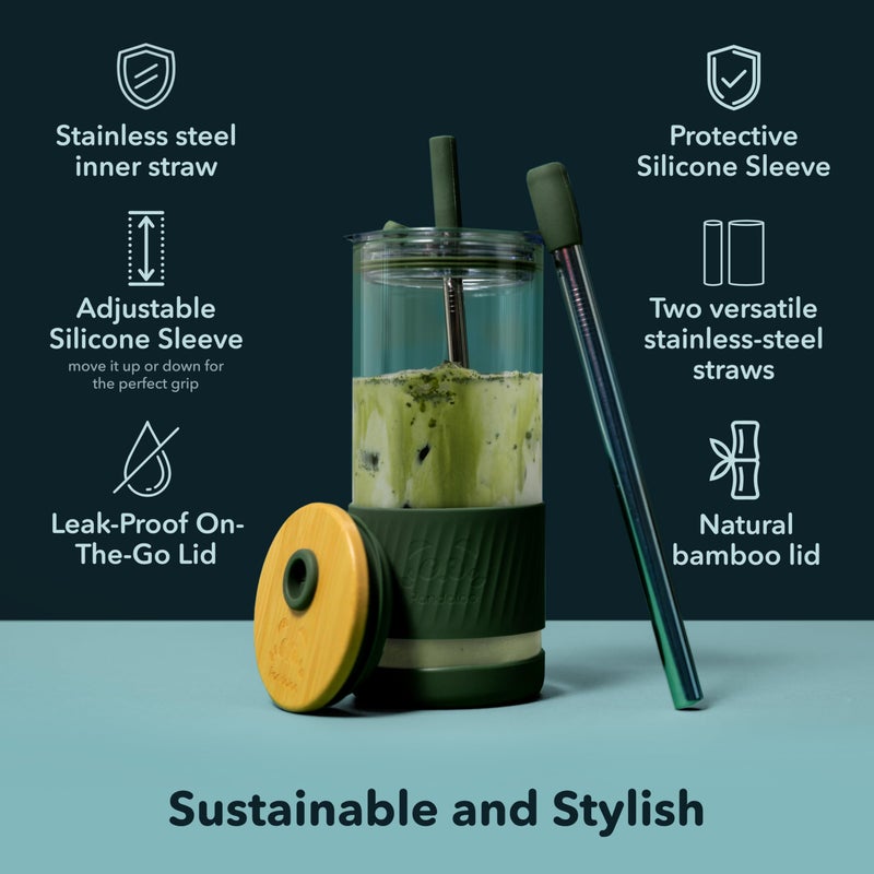 PandalooÂ® Glass Cups With Lids and Straws -20 Fl Oz- Perfect Size Iced Coffee Cup - Smoothie Cup With Bamboo Lid and On the go Lid - Glass Tumbler With Straw (1 Count (Pack of 1), Mediterranean Olive) - Image 3