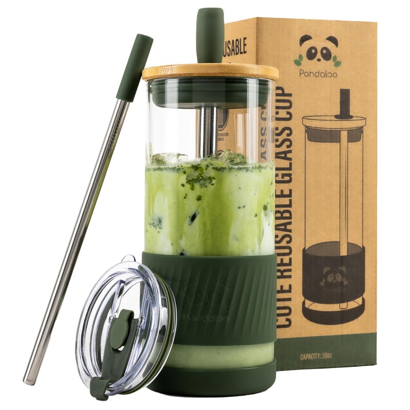 PandalooÂ® Glass Cups With Lids and Straws -20 Fl Oz- Perfect Size Iced Coffee Cup - Smoothie Cup With Bamboo Lid and On the go Lid - Glass Tumbler With Straw (1 Count (Pack of 1), Mediterranean Olive) - Image 1
