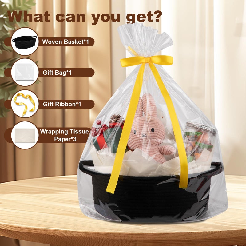 OIAHOMY Gift Basket with Handle, Small Woven Basket with Gift Bag, Ribbon and Wrap Tissue Paper, Nursery Bins Empty to Fill with Small Items, Baby, Pet Toy Organizer - Black - Image 2