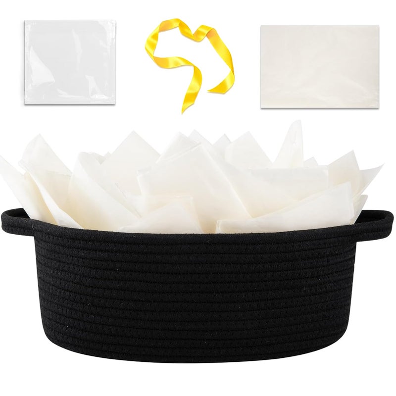 OIAHOMY Gift Basket with Handle, Small Woven Basket with Gift Bag, Ribbon and Wrap Tissue Paper, Nursery Bins Empty to Fill with Small Items, Baby, Pet Toy Organizer - Black - Image 1