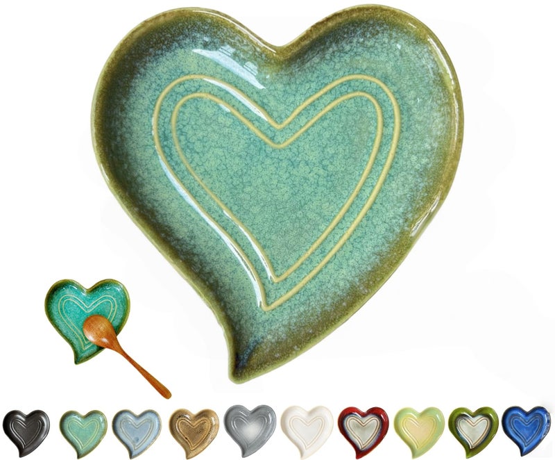 Rhobtyne Ceramic Spoon Rest for Stove Top, Heart Cute Spoon Rest for Kitchen Counter, Cooking Spoon Holder for Kitchen Counter, Utensil Rest Spatula Rest Ladle Holder Tong Rest (Retro Mist Green) - Image 1