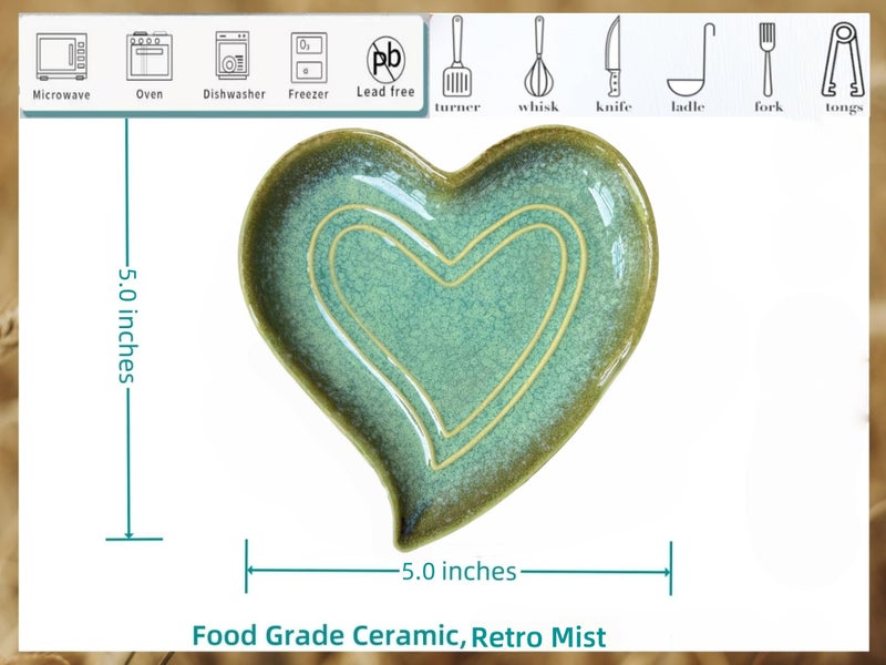 Rhobtyne Ceramic Spoon Rest for Stove Top, Heart Cute Spoon Rest for Kitchen Counter, Cooking Spoon Holder for Kitchen Counter, Utensil Rest Spatula Rest Ladle Holder Tong Rest (Retro Mist Green) - Image 4