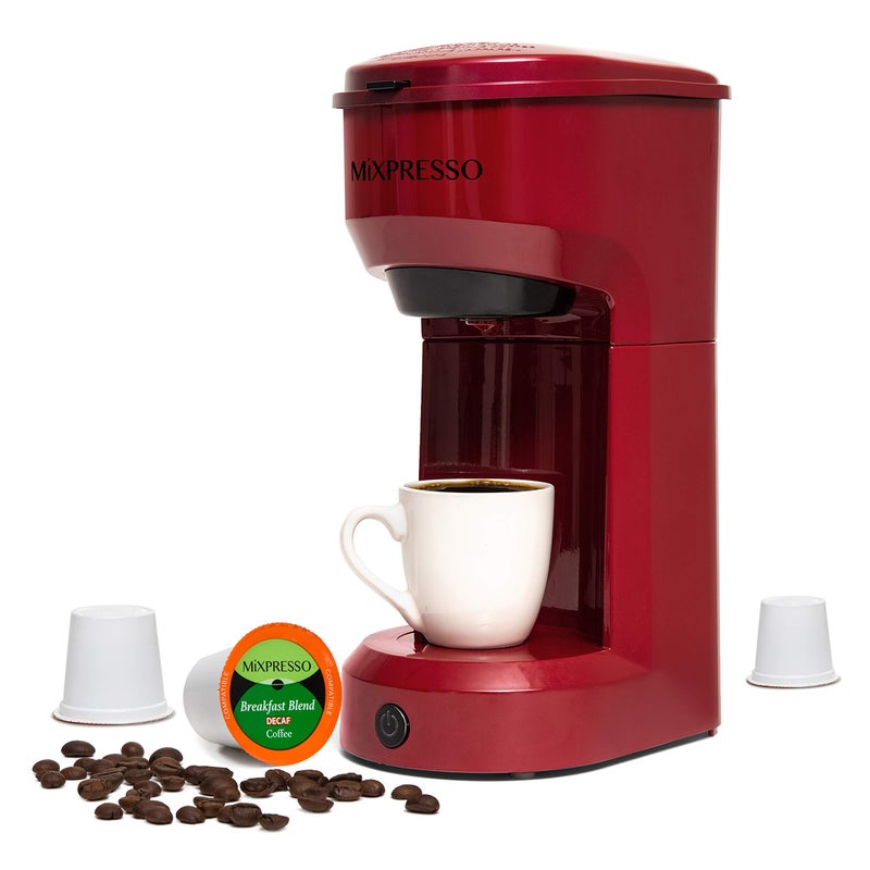 Mixpresso Mixpresso 2 in 1 Coffee Brewer Single Serve  Personal Coffee Maker Compact Size Mini Quick Brew Technology 14oz Red 