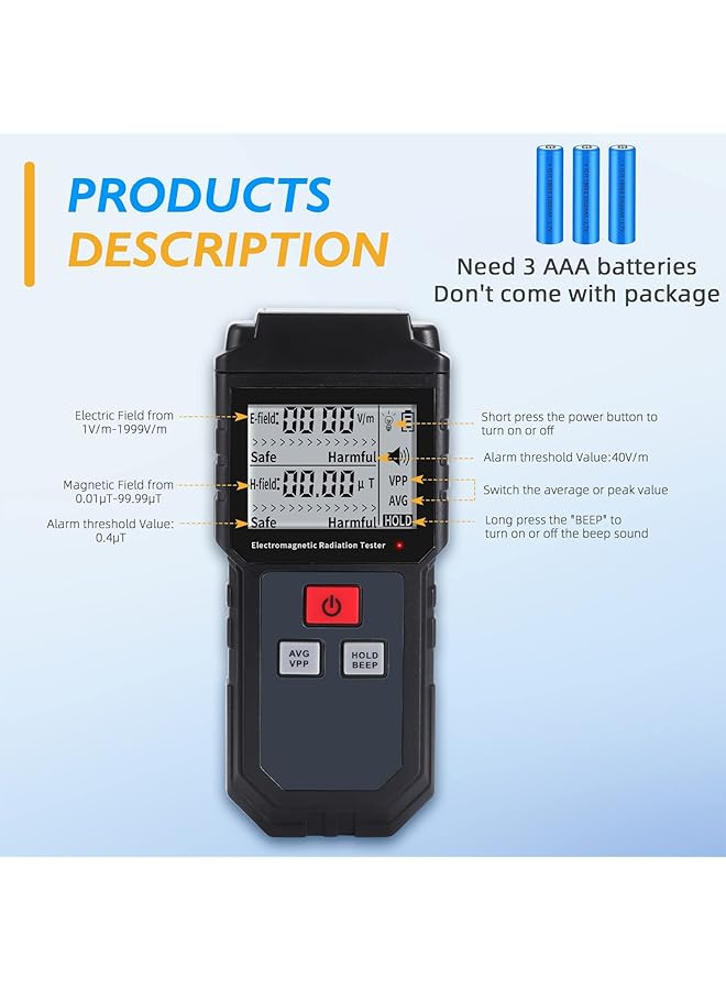 KASTWAVE Emf Meter, Portable Digital Radiation Detector, Handheld Emf Detector For Home/Outdoor, Electric/Magnetic Field/Ghost Detector - Led Light & Sound Alarm Black (1-1999V/M, 0.01-99.99Μt) - Image 2