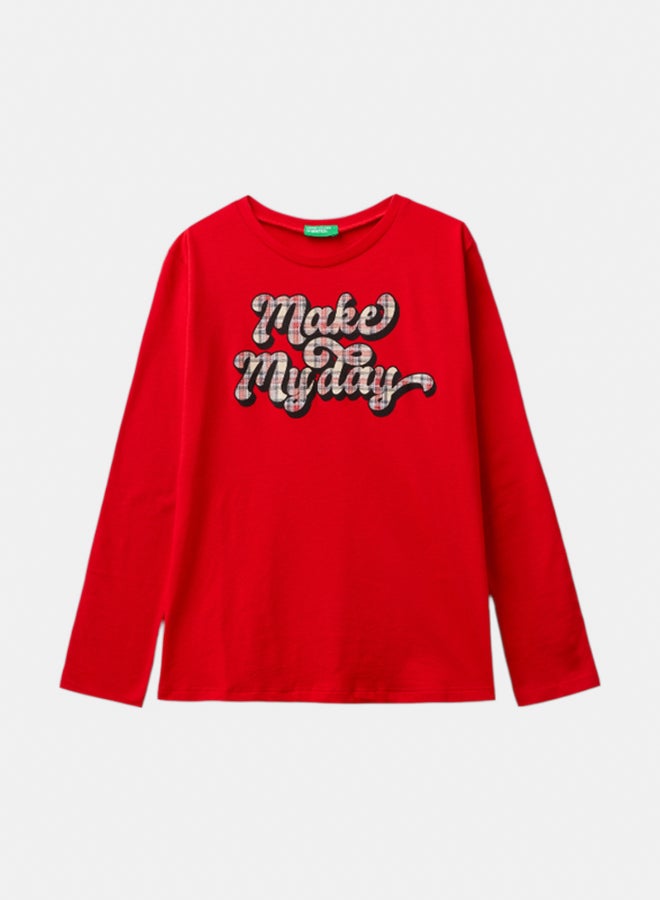 بينيتون تيشرت بنات من قطن دافئ بطبعة لامعة - Image 1