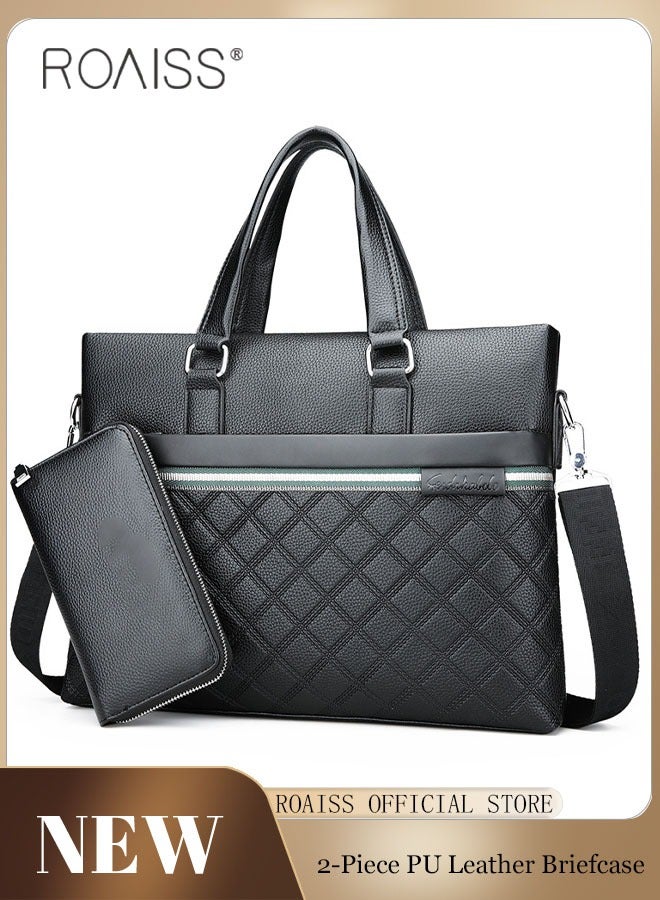 roaiss 2-Piece Business Pu Leather Briefcase Removable And Adjustable Shoulder Strap Casual Plaid Handbag +Zippered Pu Leather Wallet  - Image 1