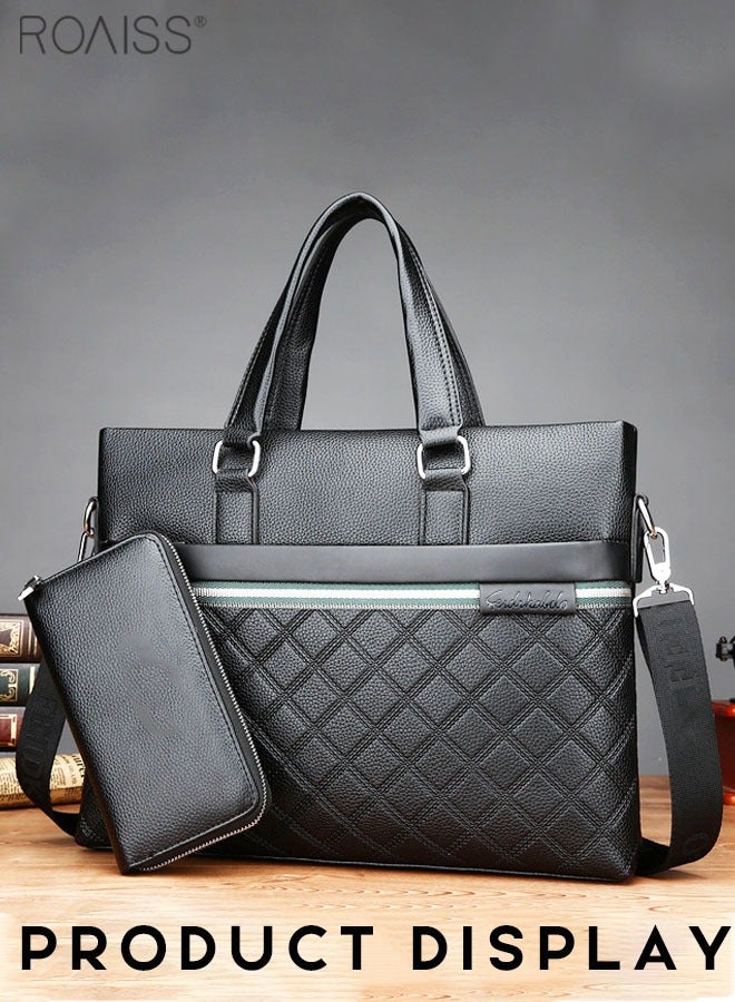 roaiss 2-Piece Business Pu Leather Briefcase Removable And Adjustable Shoulder Strap Casual Plaid Handbag +Zippered Pu Leather Wallet  - Image 4