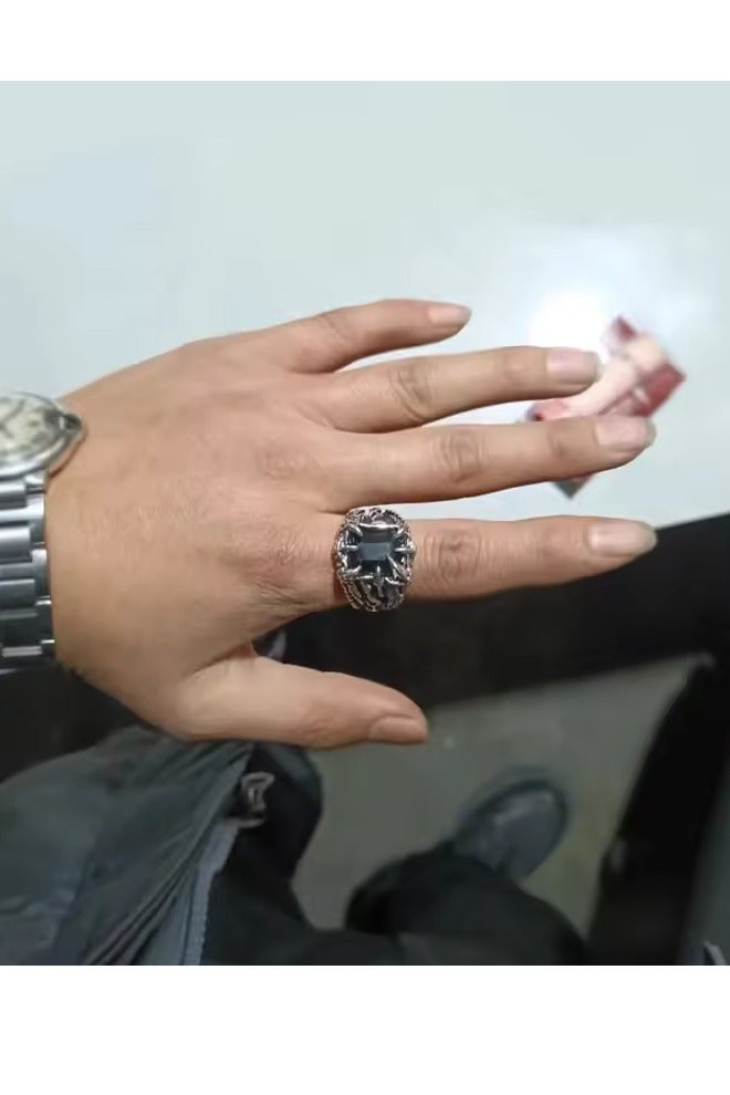 روماد خاتم رجالي بتصميم مخلب تنين من الفولاذ المقاوم للصدأ، بحجر خمر وأسلوب فايكنغ وصخرة قاسية. - Image 3