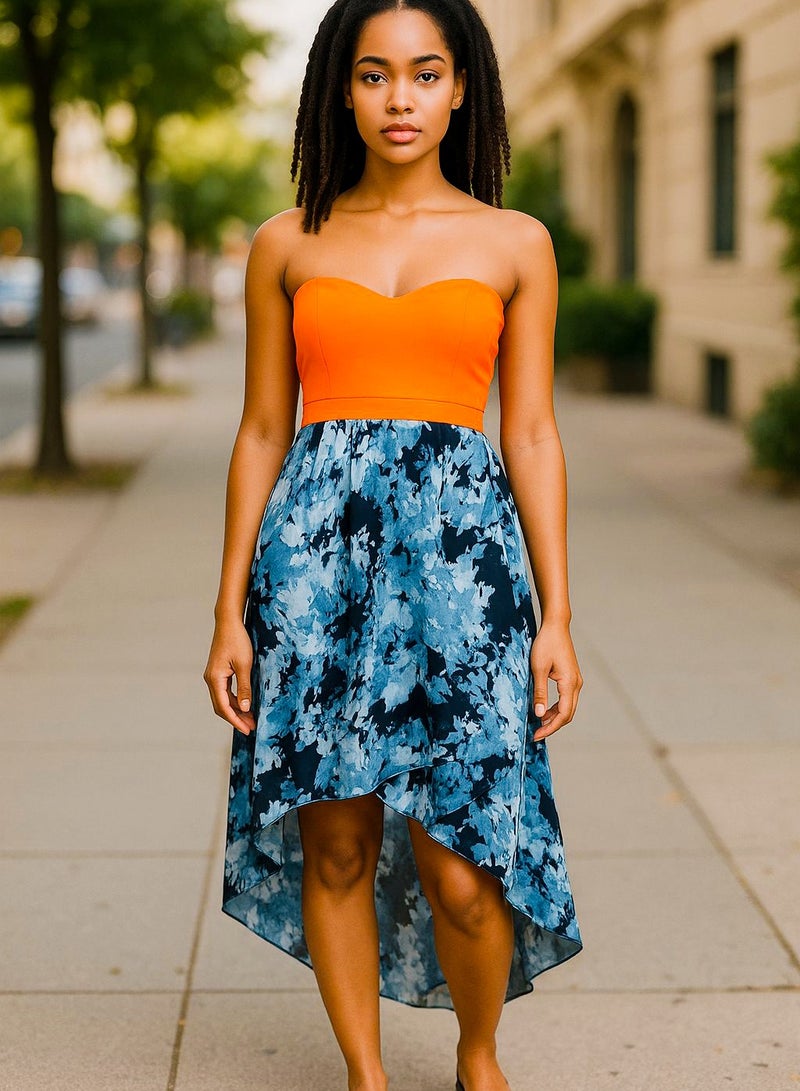Women low high printed chiffon dress multi color