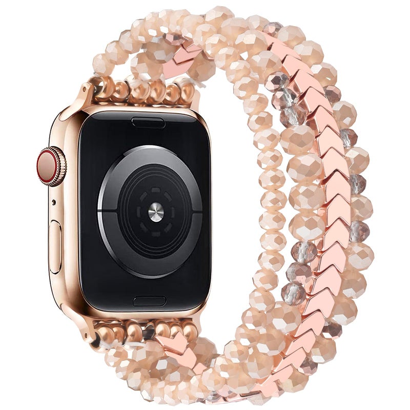 MOFREE Beaded Band for Women Compatible with Apple Watch 38mm 40mm 41mm 42mm, Fashion Crystal Elastic Straps Wristbands for iWatch Bands Series 11/10/9/8/7/SE/6/5/4/3/2/1 (Rose Gold/Yellowish) - Image 2