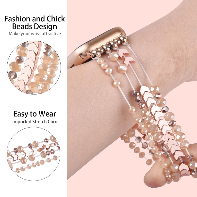 MOFREE Beaded Band for Women Compatible with Apple Watch 38mm 40mm 41mm 42mm, Fashion Crystal Elastic Straps Wristbands for iWatch Bands Series 11/10/9/8/7/SE/6/5/4/3/2/1 (Rose Gold/Yellowish) - Image 3