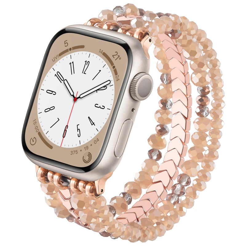 MOFREE Beaded Band for Women Compatible with Apple Watch 38mm 40mm 41mm 42mm, Fashion Crystal Elastic Straps Wristbands for iWatch Bands Series 11/10/9/8/7/SE/6/5/4/3/2/1 (Rose Gold/Yellowish) - Image 1