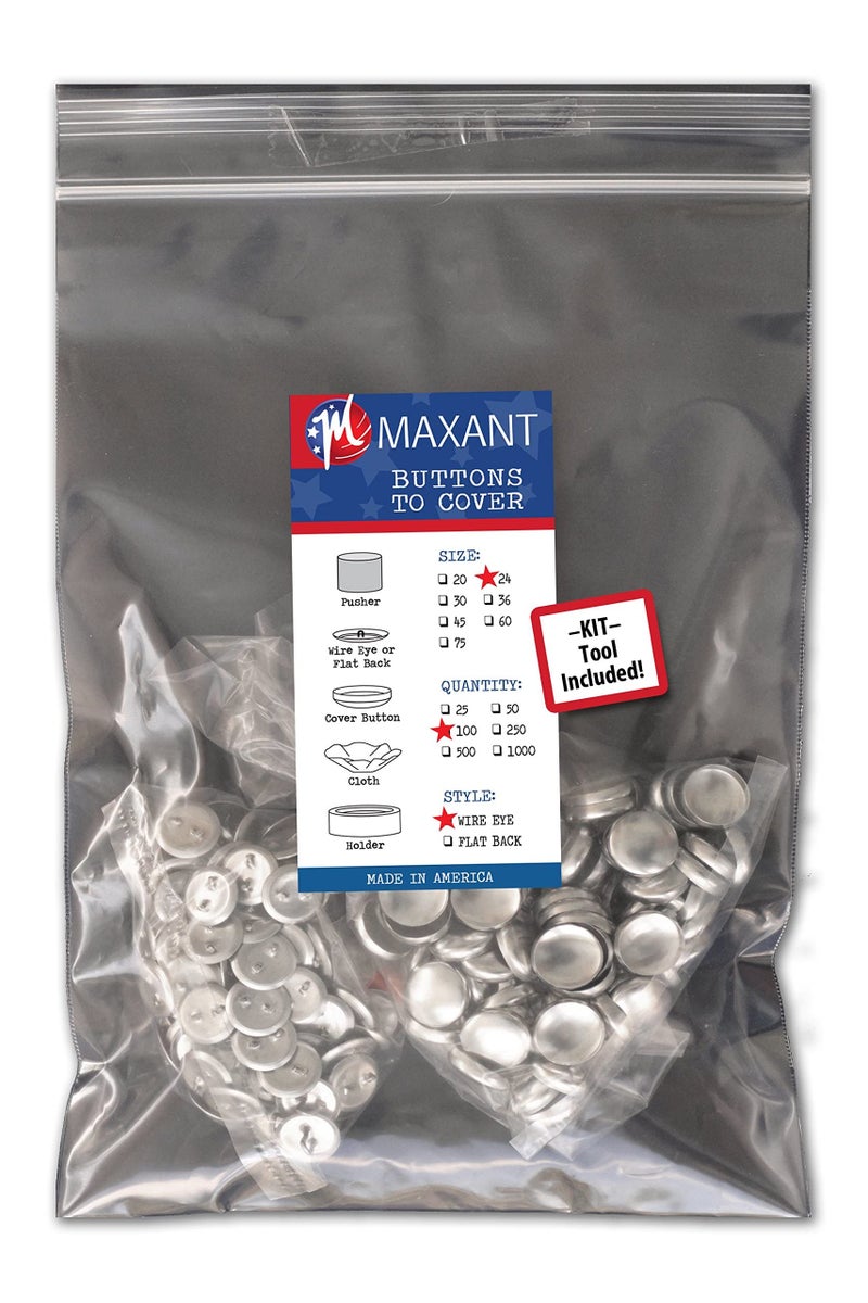 M MAXANT 100 Buttons to Cover - Made in USA - Self Cover Buttons with Wire Eyes Size 24 with Tool - Image 1