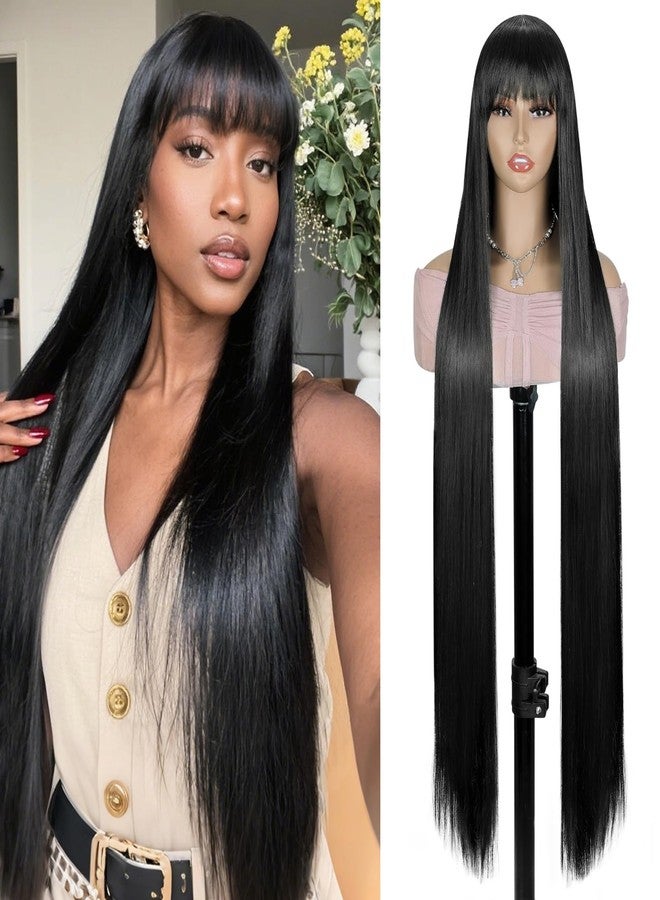 BECUS Extra Long 40'' Black Wig with Bangs, Straight Hair Wigs for Black Women, No Headband, Natural Look for Daily Wear, Party, Cosplay - Image 1