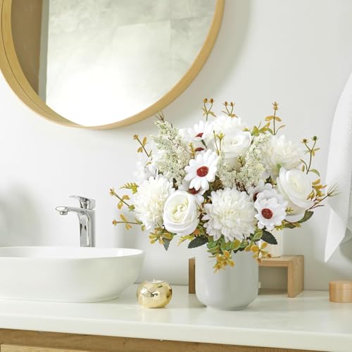 Prplet Artificial Flower Bouquet for Home Decoration – 2 Pcs Faux Rose & Daisy Bouquet (Without Pot) Artificial Flowers for Living Room, Bedroom, Office, Vase Decoration (White) - Image 4