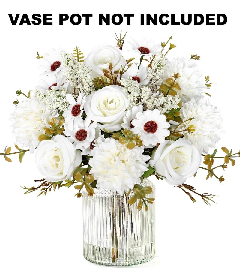 Prplet Artificial Flower Bouquet for Home Decoration – 2 Pcs Faux Rose & Daisy Bouquet (Without Pot) Artificial Flowers for Living Room, Bedroom, Office, Vase Decoration (White) - Image 2