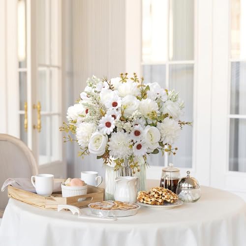 Prplet Artificial Flower Bouquet for Home Decoration – 2 Pcs Faux Rose & Daisy Bouquet (Without Pot) Artificial Flowers for Living Room, Bedroom, Office, Vase Decoration (White) - Image 5
