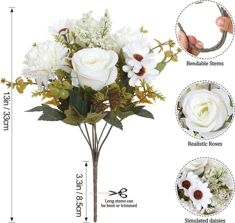 Prplet Artificial Flower Bouquet for Home Decoration – 2 Pcs Faux Rose & Daisy Bouquet (Without Pot) Artificial Flowers for Living Room, Bedroom, Office, Vase Decoration (White) - Image 3