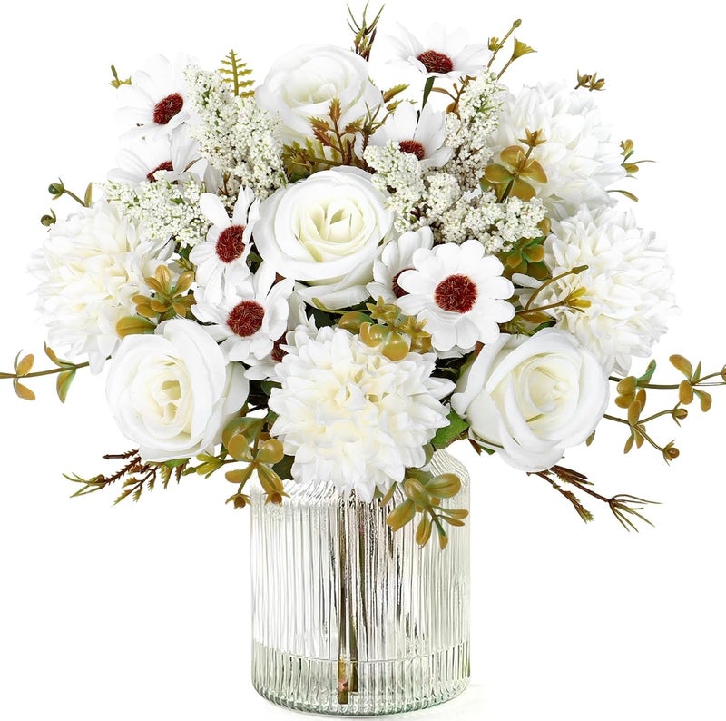 Prplet Artificial Flower Bouquet for Home Decoration – 2 Pcs Faux Rose & Daisy Bouquet (Without Pot) Artificial Flowers for Living Room, Bedroom, Office, Vase Decoration (White) - Image 1
