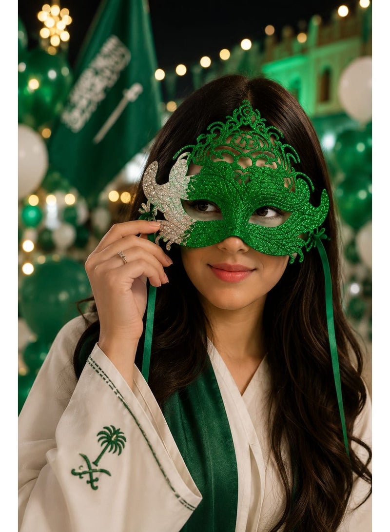 Saudi National Day Glitter Masquerade Mask for Women – Green & Silver Decorative Face Mask with Adjustable Ribbon - Image 2