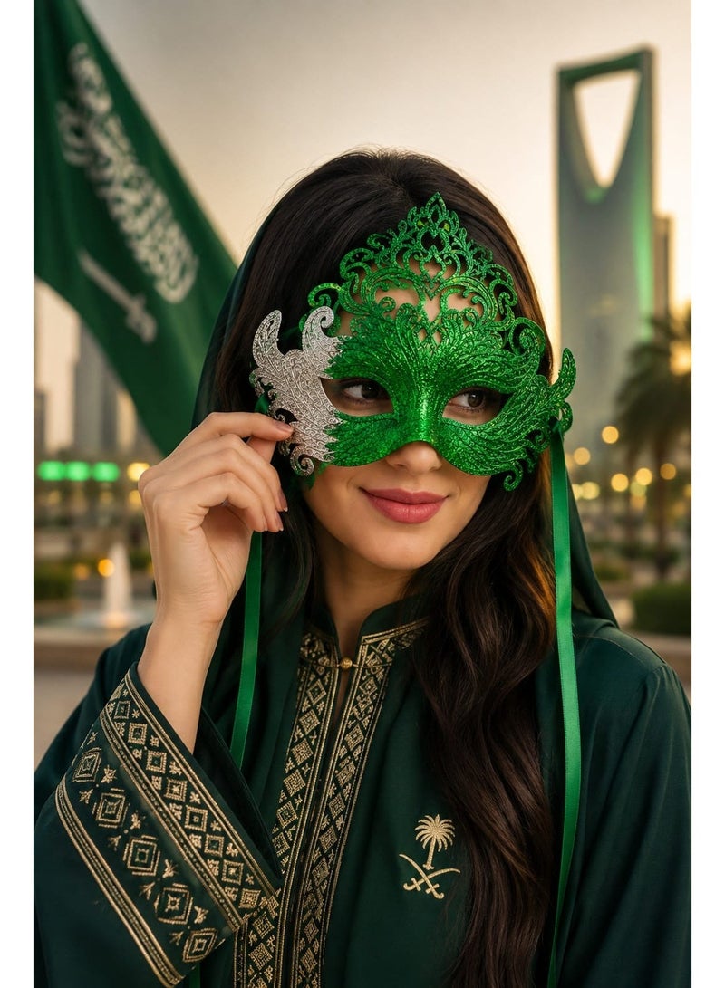 Saudi National Day Glitter Masquerade Mask for Women – Green & Silver Decorative Face Mask with Adjustable Ribbon - Image 1