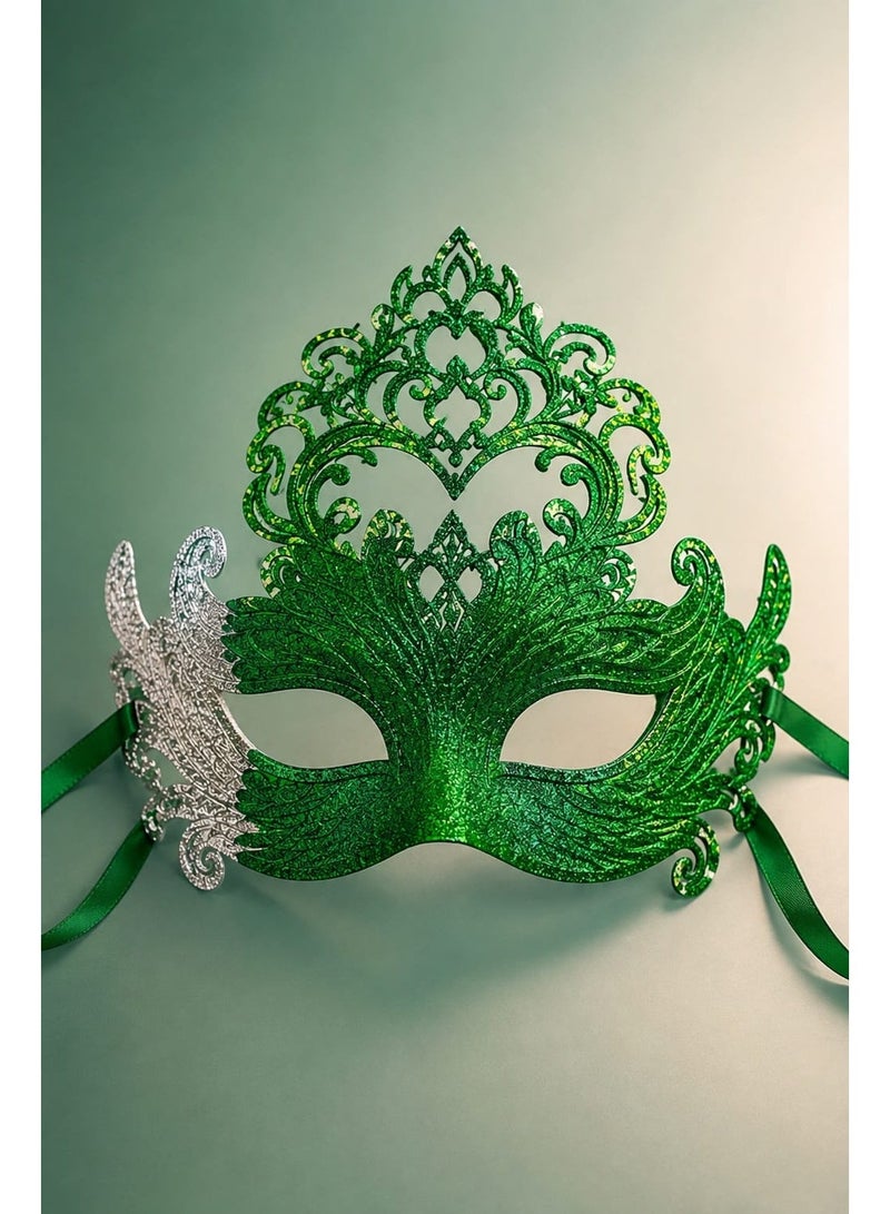 Saudi National Day Glitter Masquerade Mask for Women – Green & Silver Decorative Face Mask with Adjustable Ribbon - Image 3