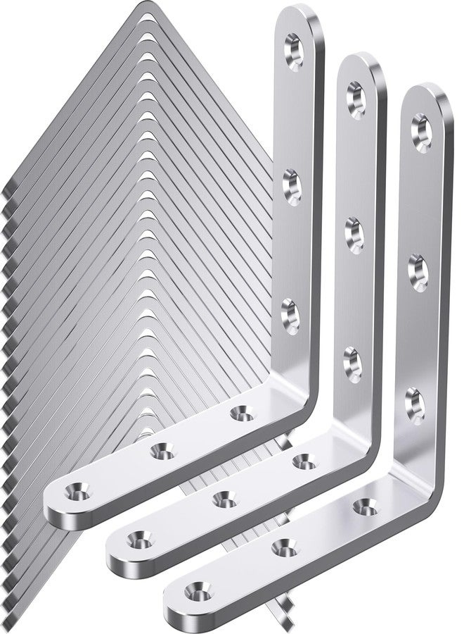 WENQUIT 25Pcs Stainless Steel Angle Brackets, 4”x 4” Heavy Duty Corner Brackets, Metal Corner Braces for Wood, 3MM 90 Degree Joint Hardware, 4inch l Bracket for Shelves Wooden Furniture Cabinet Bookshelf - Image 1