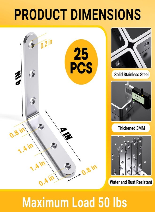 WENQUIT 25Pcs Stainless Steel Angle Brackets, 4”x 4” Heavy Duty Corner Brackets, Metal Corner Braces for Wood, 3MM 90 Degree Joint Hardware, 4inch l Bracket for Shelves Wooden Furniture Cabinet Bookshelf - Image 2