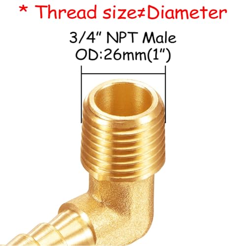 Uenede 2PCS Brass 3/4" NPT Male to 3/4" Barb 90 Degrees Elbow Hose Barb Fittings Adapter Connector for Water/Oil/Gas - Image 2